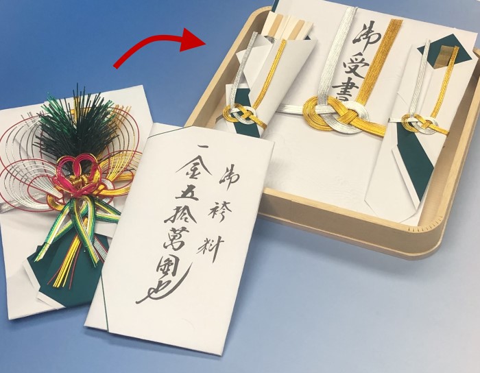 結納受書に袴料を添えて渡す